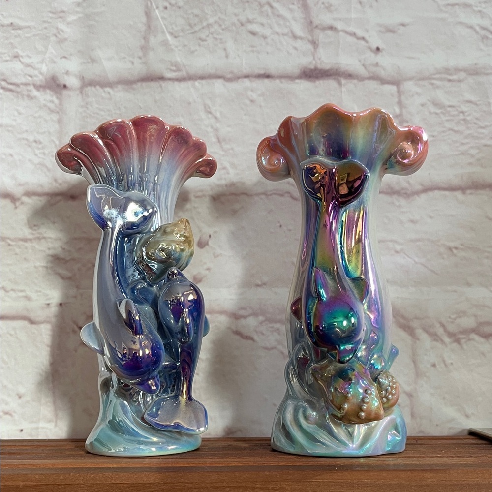 Iridescent Fish Vase Set with Pink Accents